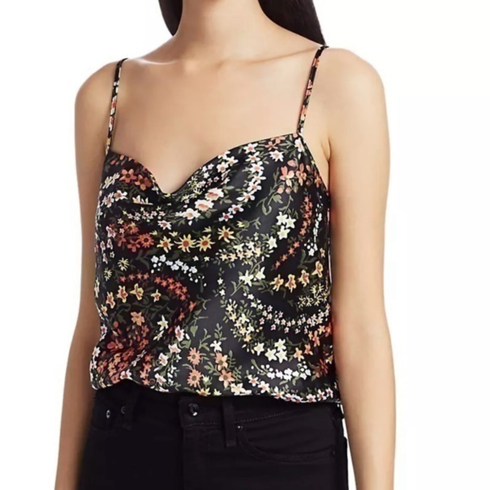 ATM Anthony Thomas Melillo Floral Draped Neck Camisole Tank Top Black Multicolor